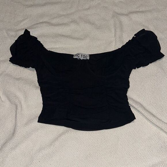 Tic Toc Black Off-the-Shoulder Mesh Corset Cropped Top | Sz S - Picture 2 of 5
